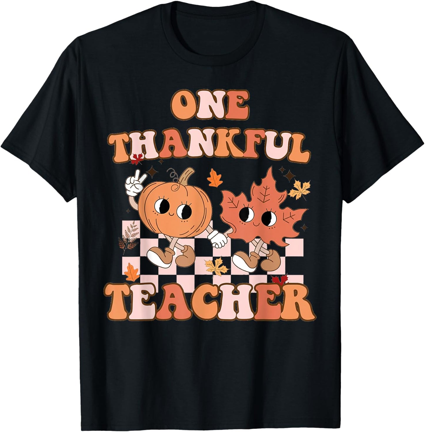 One Thankful Teacher Fall Leaves Thanksgiving Retro T-Shirt - T-Shirt | Black