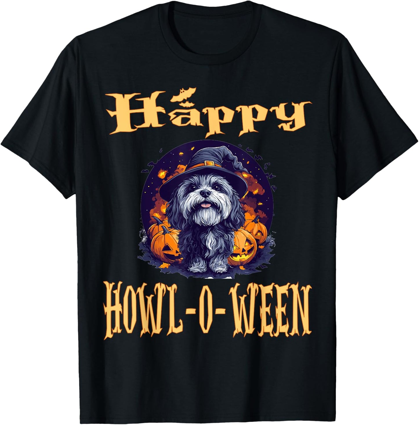 Havanese Dog Whitch Hat Halloween Pumpkin Spooky Happy T-Shirt - T-Shirt | Black