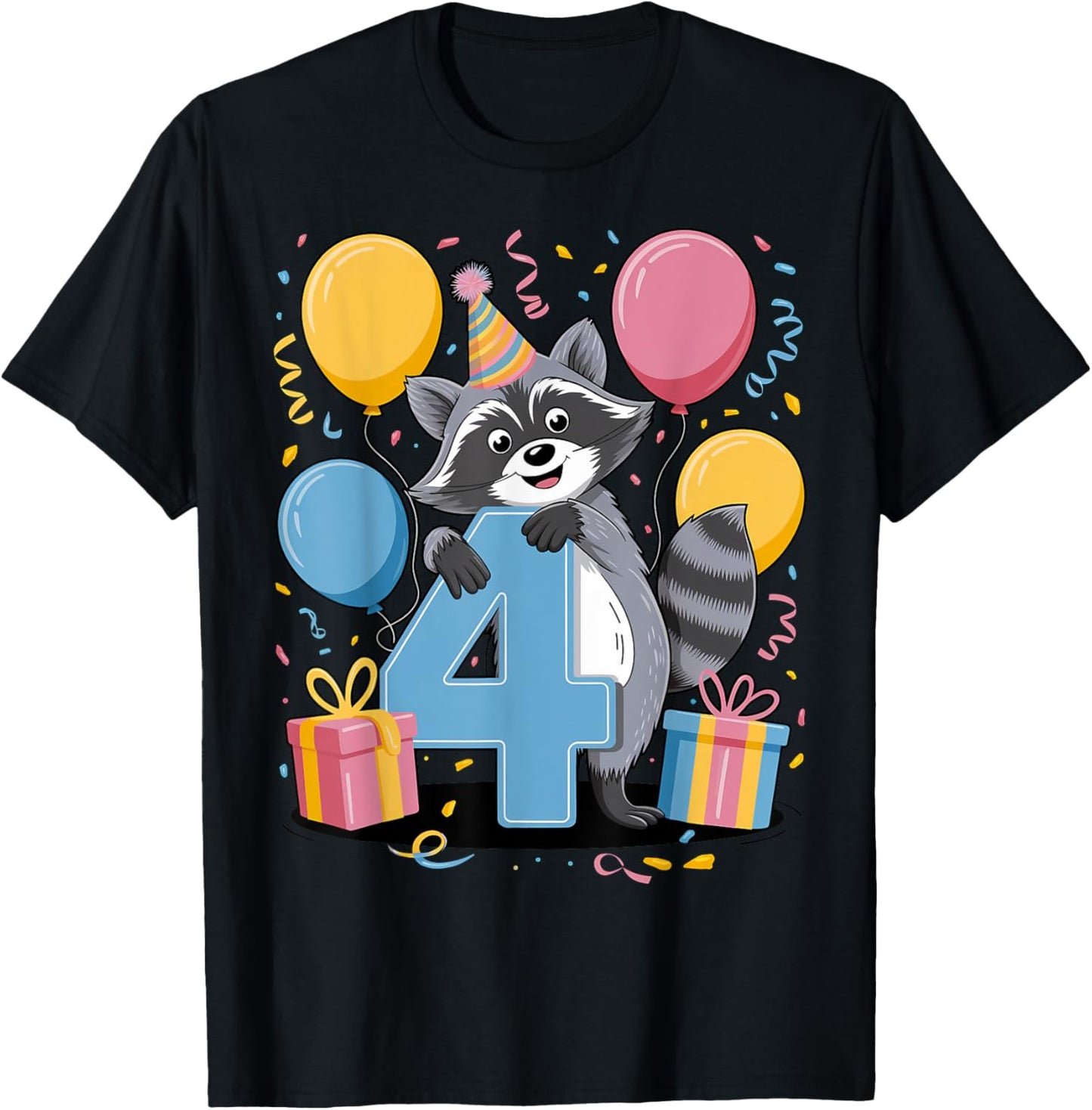 Raccoon 4th birthday for boy girl 4 years old fourth Raccoon T-Shirt - T-Shirt | Black