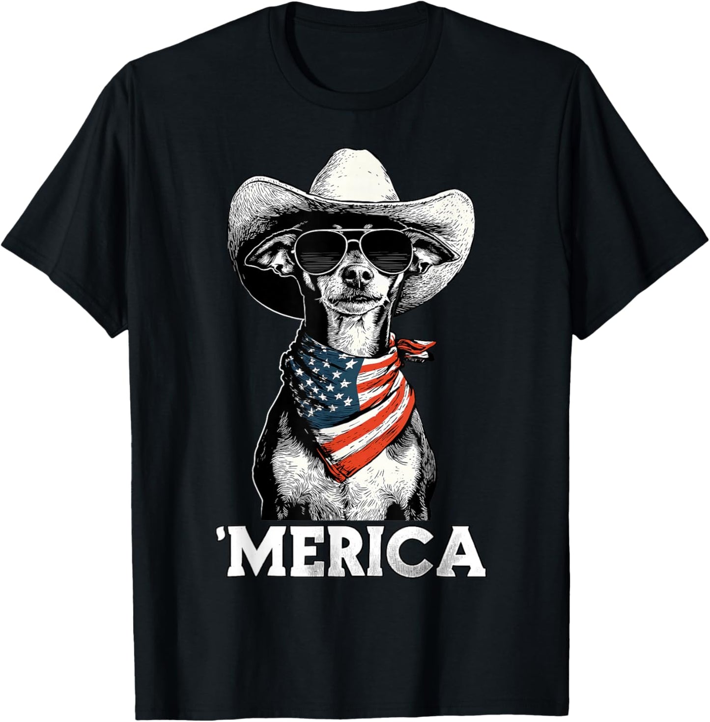 Miniature Pinscher Min Pin American Flag Bandana Sunglasses T-Shirt - T-Shirt | Black