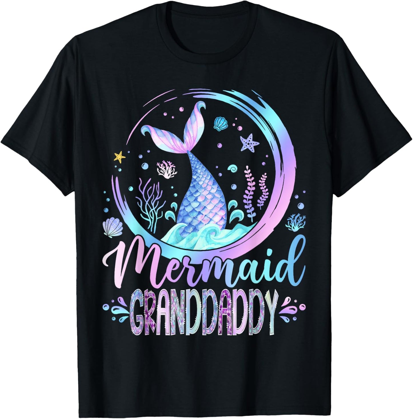 Mermaid Granddaddy Family Matching Girl Birthday Party T-Shirt - T-Shirt | Black