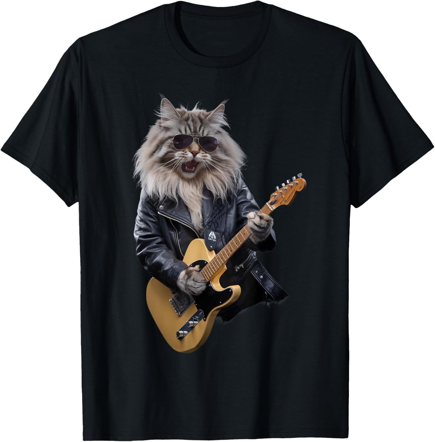 Cat Playing Guitar Rock Star Rock and Roll Women Kid T-Shirt - T-Shirt | Black