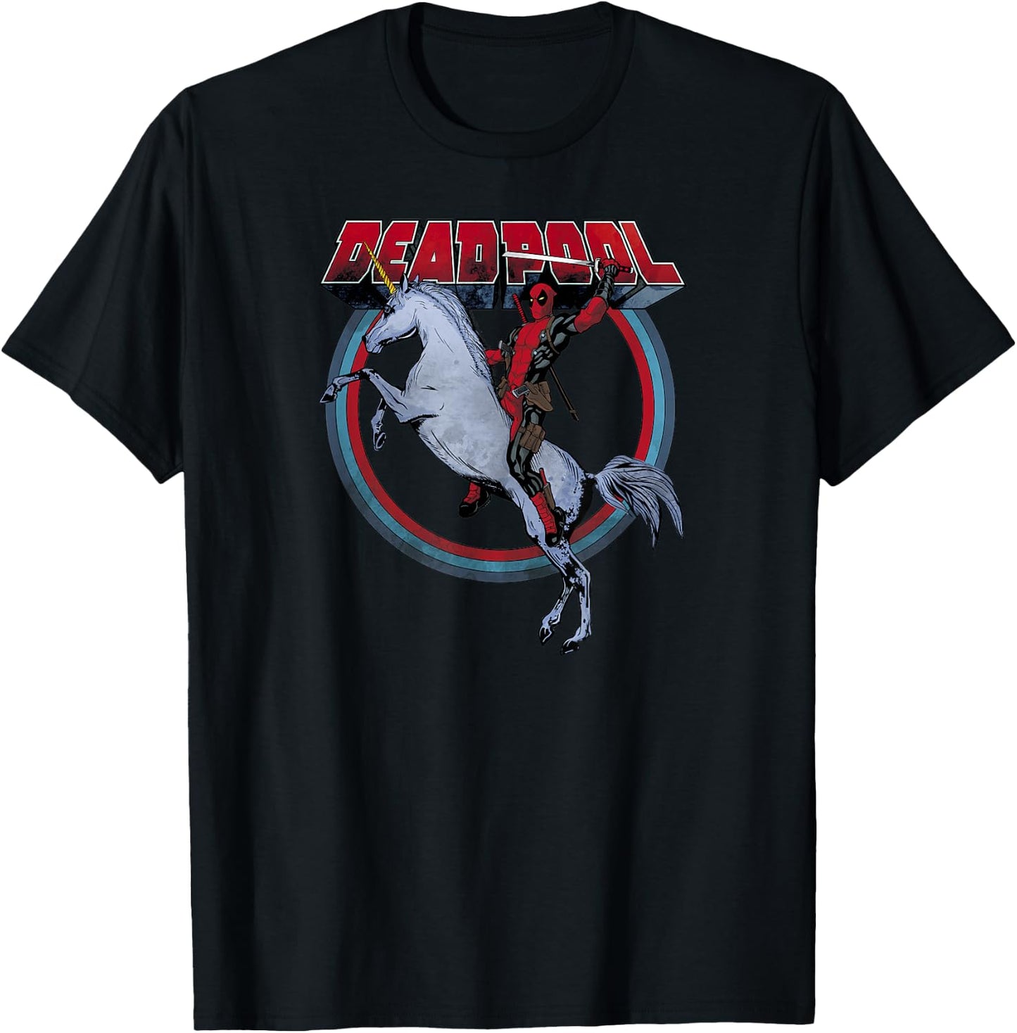 Marvel Deadpool Riding A Unicorn Circle Graphic C1 T-Shirt - T-Shirt | Black