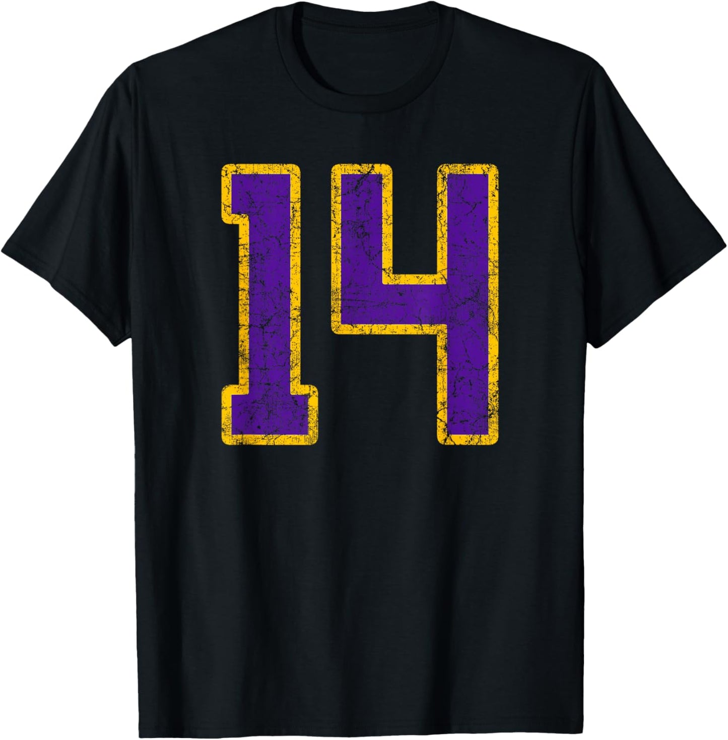 Purple Gold Number 14 Jersey Player Uniform #14 Grunge T-Shirt - T-Shirt | Black