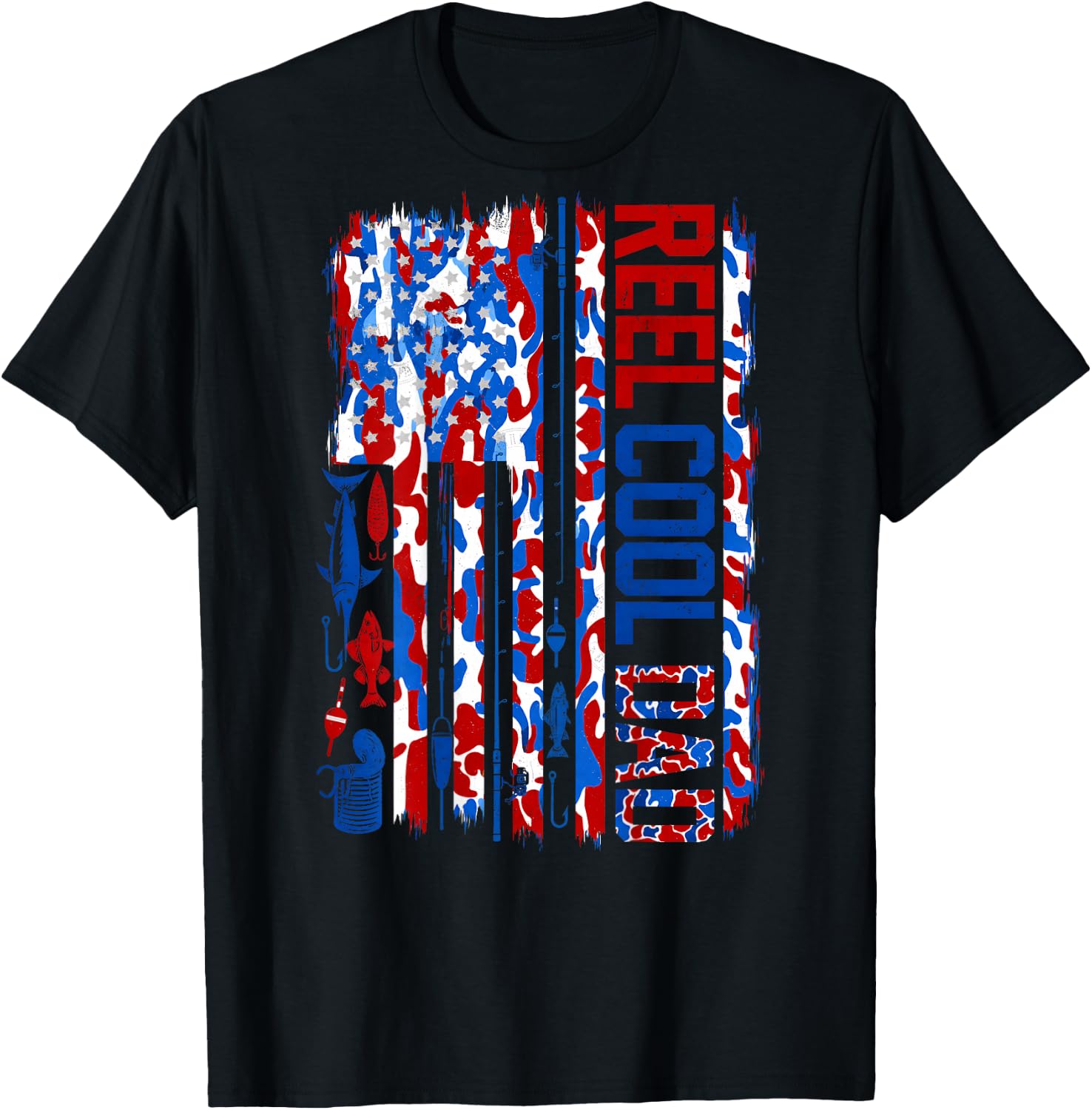 (ON Back) Patriotic Fisherman Reel Cool Dad Camo USA Flag T-Shirt - T-Shirt | Black