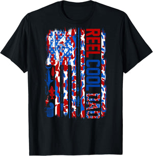 (ON Back) Patriotic Fisherman Reel Cool Dad Camo USA Flag T-Shirt - T-Shirt | Black