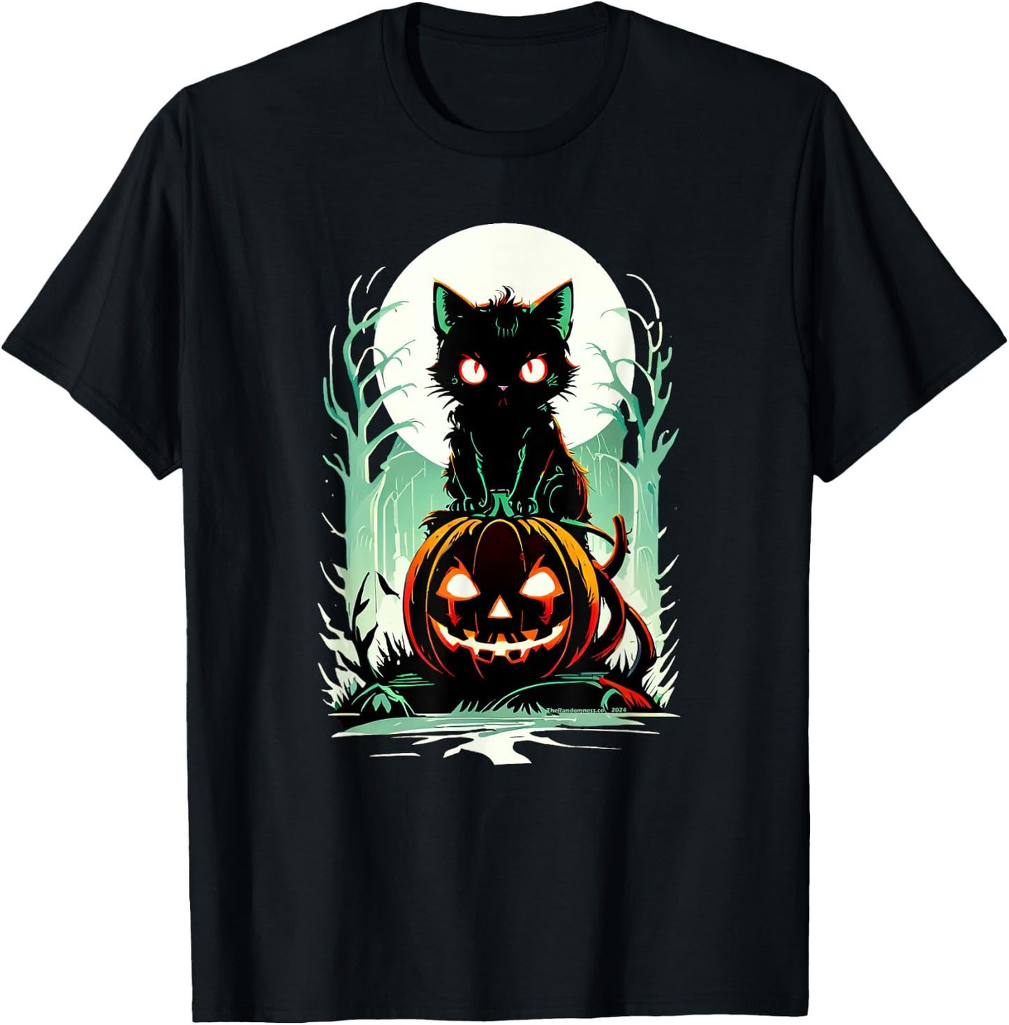 Spooky Black Cat on Pumpkin Under a Creepy Halloween Moon T-Shirt - T-Shirt | Black