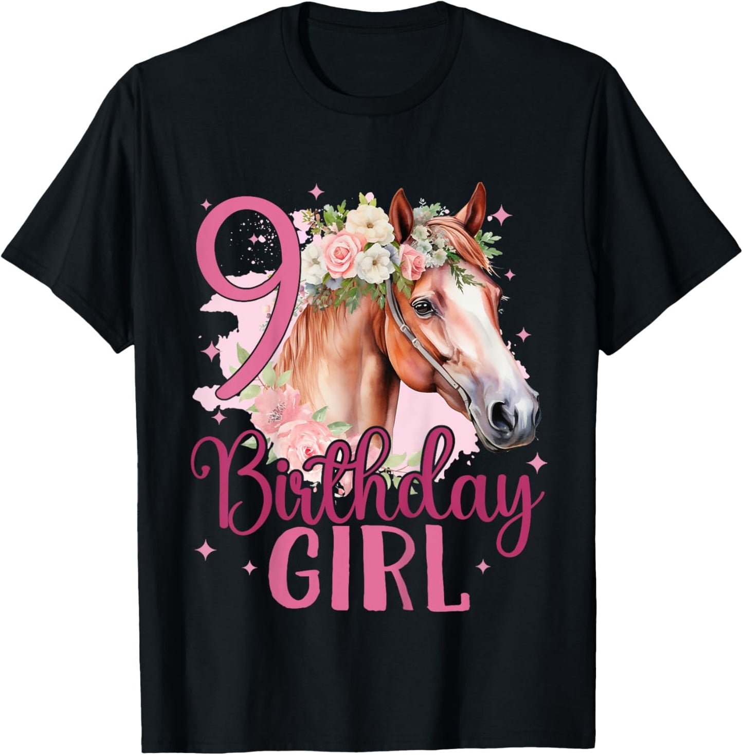 Kids 9th Birthday Horse Girl 9 Years Old Nine 9 Birthday Girl T-Shirt - T-Shirt | Black