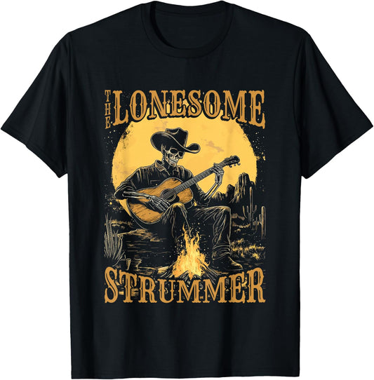 The Lonesome Strummer Acoustic Guitar Playing Skeleton T-Shirt - T-Shirt | Black