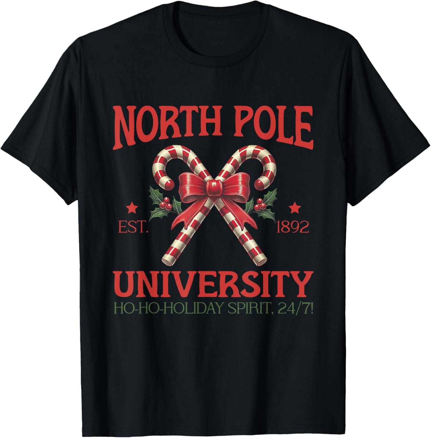 North Pole University Retro Christmas Candy Cane Holiday T-Shirt - T-Shirt | Black