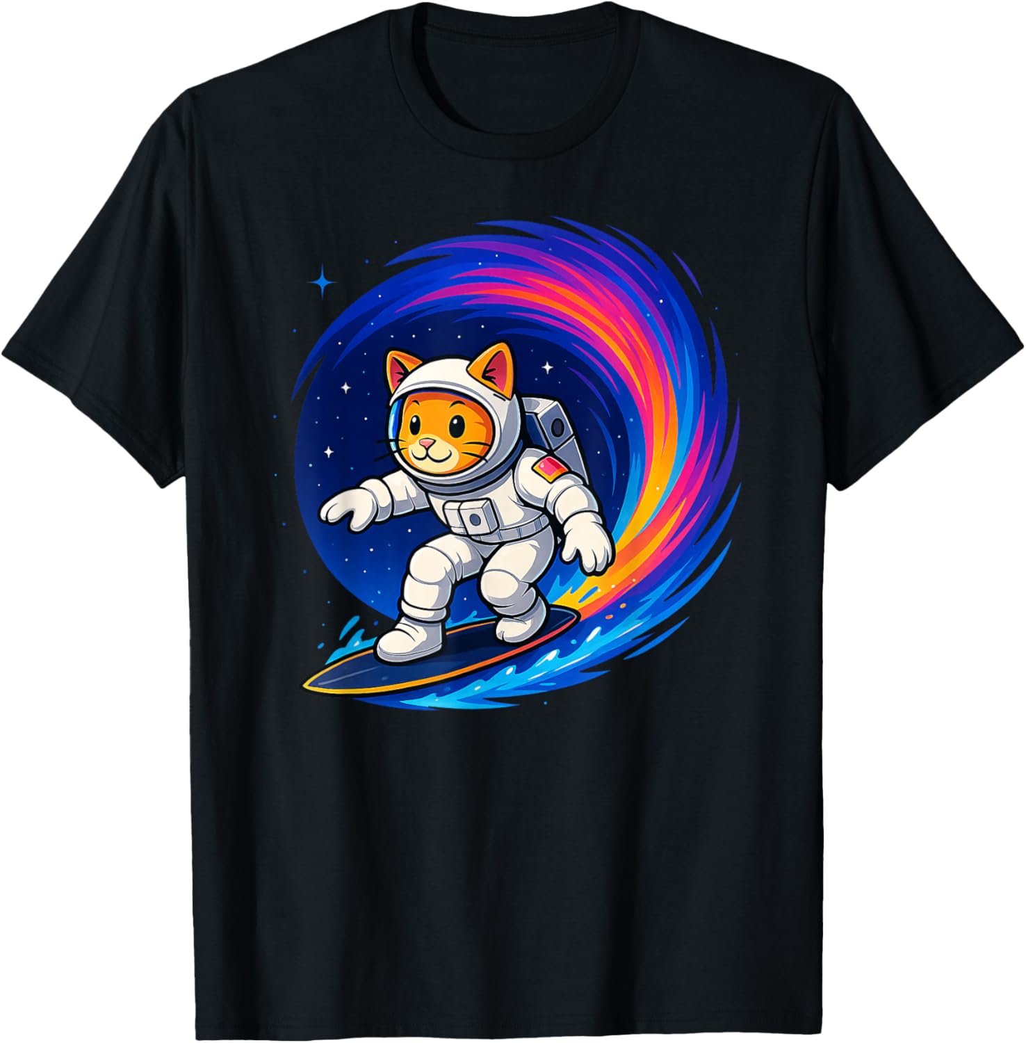 Funny Orange Cat Astronaut Surfing Colorful Rainbow Space T-Shirt - T-Shirt | Black