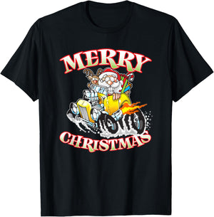 Funny Merry Christmas Santa Reindeer Hot Rod Coupe T-Shirt - T-Shirt | Black