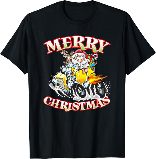 Funny Merry Christmas Santa Reindeer Hot Rod Coupe T-Shirt - T-Shirt | Black