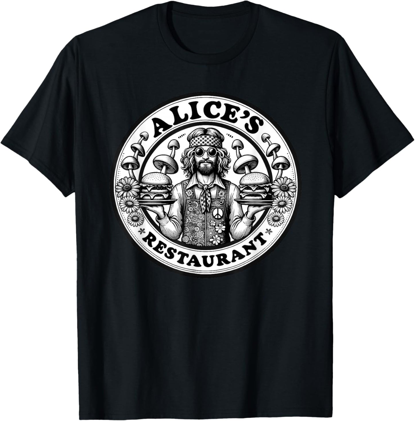 Retro Hippie Mushroom Hamburger Waiter Alice's Restaurant T-Shirt - T-Shirt | Black