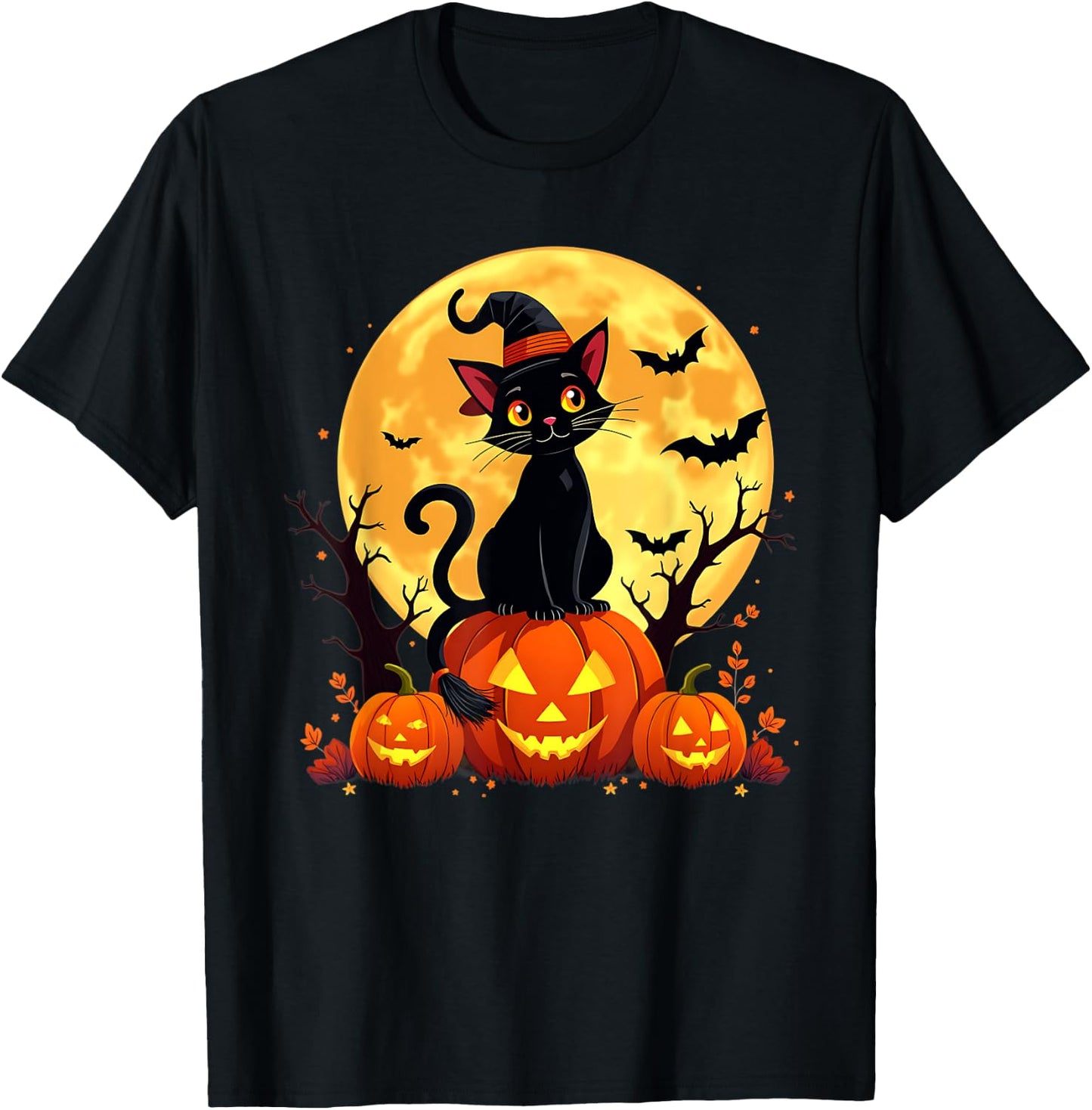 Retro Black Cat Pumpkin Halloween Costume Fall Autumn Season Women Kids T-Shirt - T-Shirt | Black