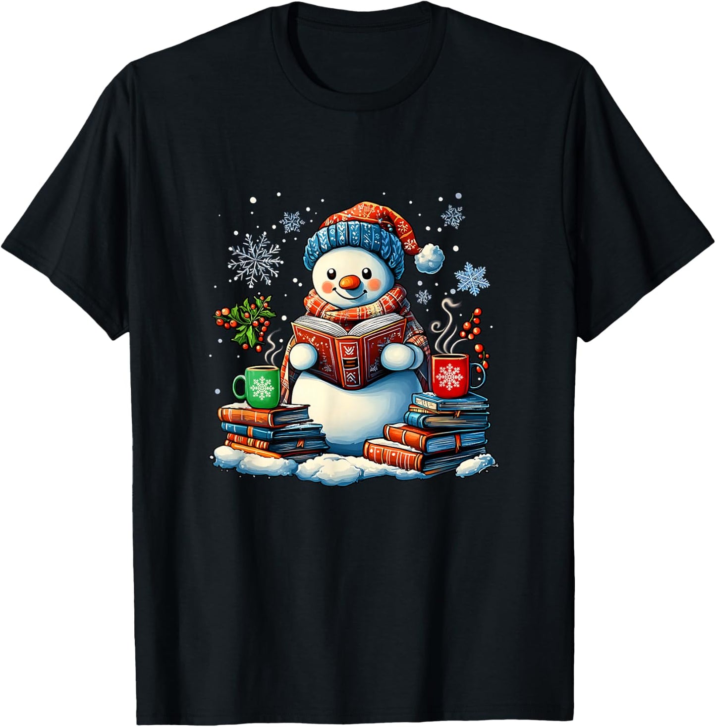 Snowman Reading Book Lovers Christmas Bookworm Librarian T-Shirt - T-Shirt | Black
