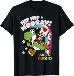 Super Mario Yoshi and Toad Hip Hip Hooray Rainbow T-Shirt - T-Shirt | Black