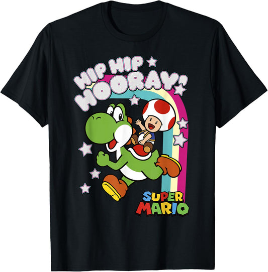 Super Mario Yoshi and Toad Hip Hip Hooray Rainbow T-Shirt - T-Shirt | Black