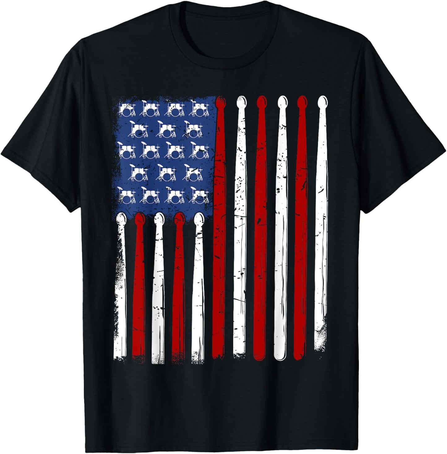 American Flag Drumsticks Vintage Drummer T-Shirt - T-Shirt | Black