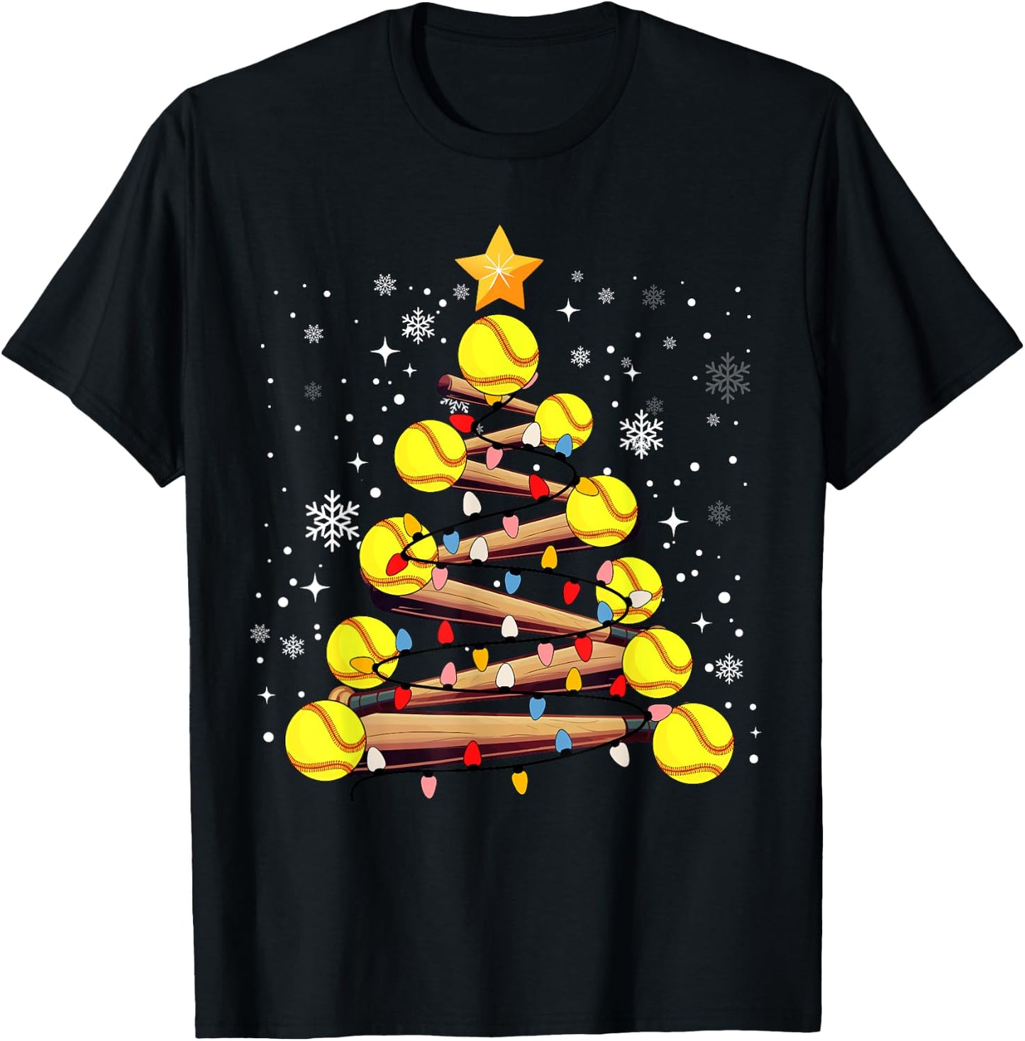 Softball Christmas Tree Light Xmas Softball Girls Kids T-Shirt - T-Shirt | Black
