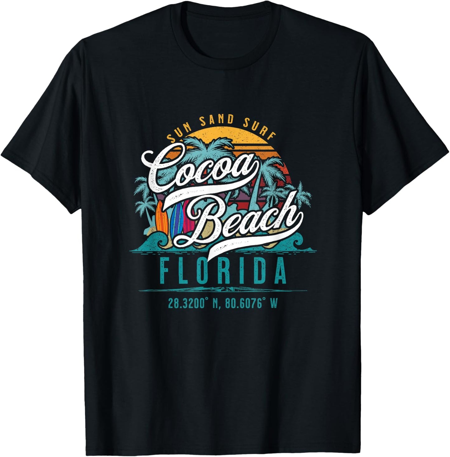 Cocoa Beach Florida Retro Sun Sand Surf Surfing Palm Trees T-Shirt - T-Shirt | Black