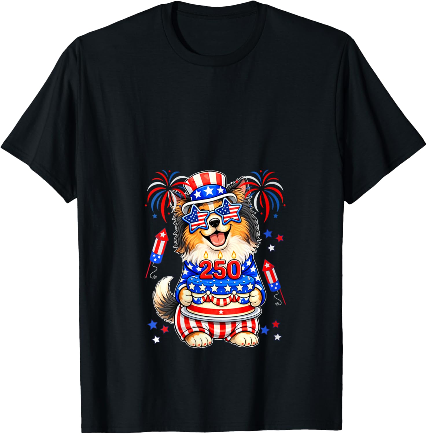 Women's 250 Proud 4th July US Flag Sheltie Sunglasses Birthday Cake V-Neck T-Shirt - T-Shirt | Black