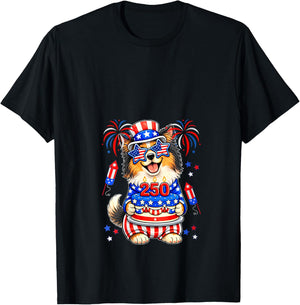 Women's 250 Proud 4th July US Flag Sheltie Sunglasses Birthday Cake V-Neck T-Shirt - T-Shirt | Black