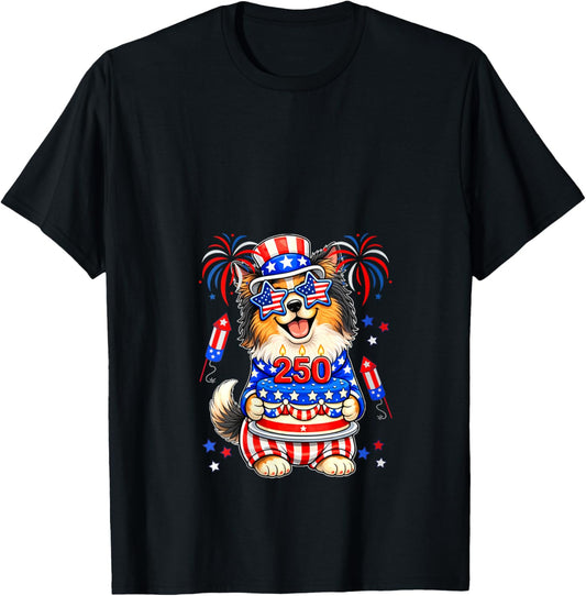 Women's 250 Proud 4th July US Flag Sheltie Sunglasses Birthday Cake V-Neck T-Shirt - T-Shirt | Black
