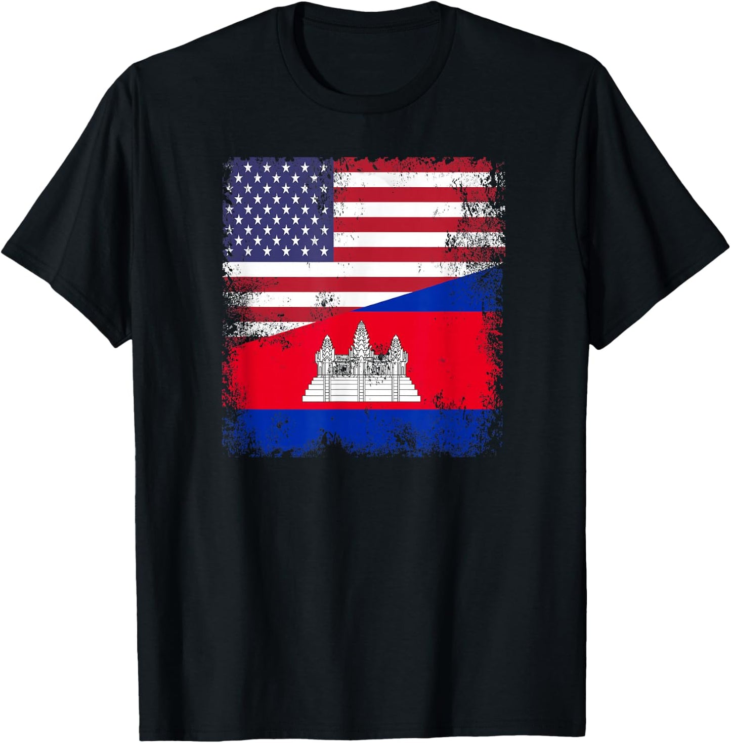 Half Cambodian Flag | Vintage Cambodia USA Gift T-Shirt - T-Shirt | Black