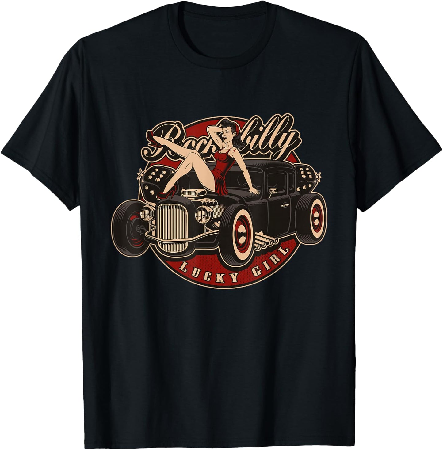 Hot Rod Retro Vintage Vintage Car Rockabilly Lucky Girl T-Shirt - T-Shirt | Black
