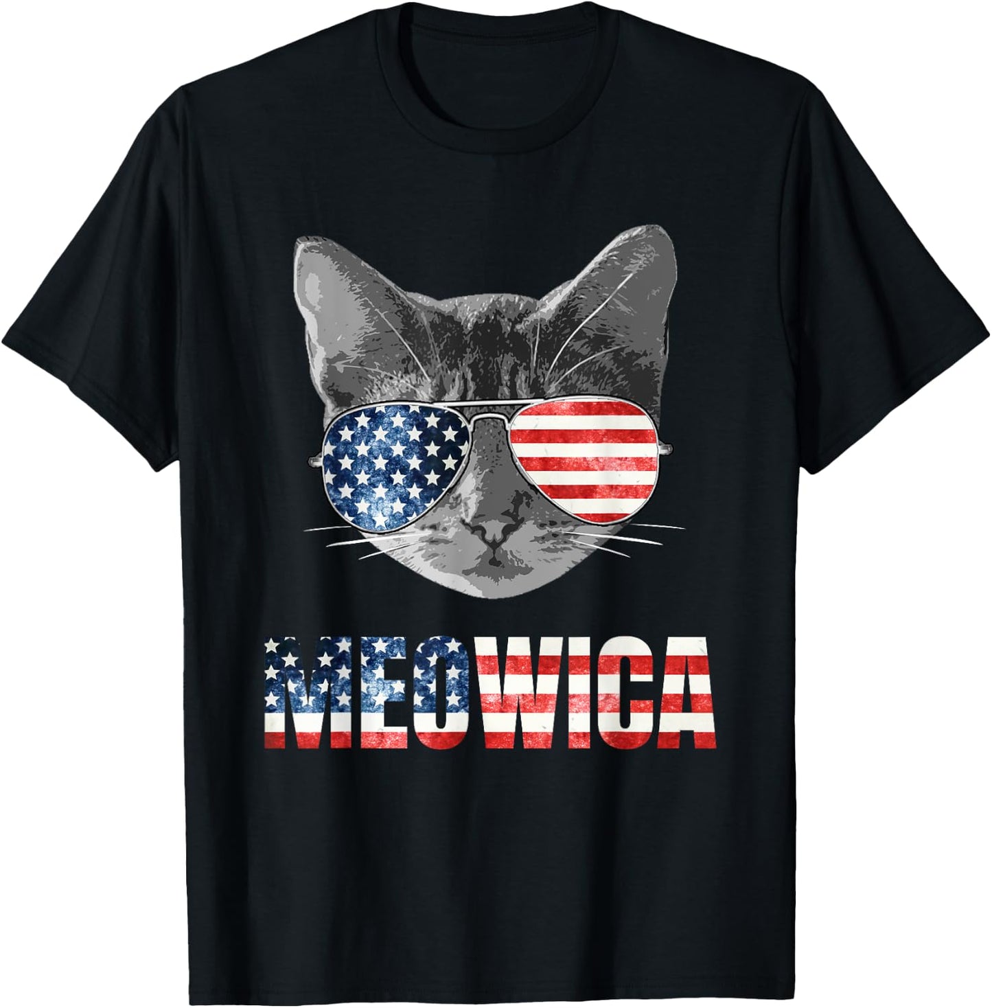Meowica Funny Cat Patriotic USA Shirt American Flag T-Shirt - T-Shirt | Black