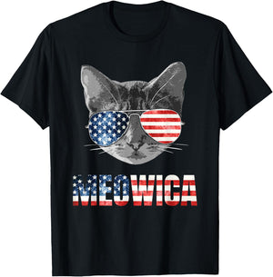 Meowica Funny Cat Patriotic USA Shirt American Flag T-Shirt - T-Shirt | Black