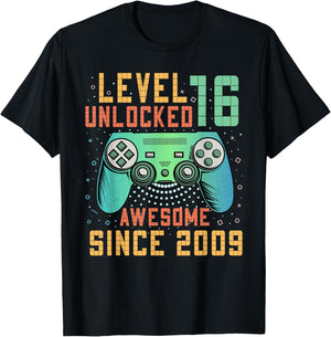 Awesome Since 2009 16 Birthday Boy Gamer Gifts Level 16 Unlocked 16th Birthday Black Kids Boys Gaming Retro Controller Design Classic Fit Short Sleeve T-Shirt - T-Shirt | Black