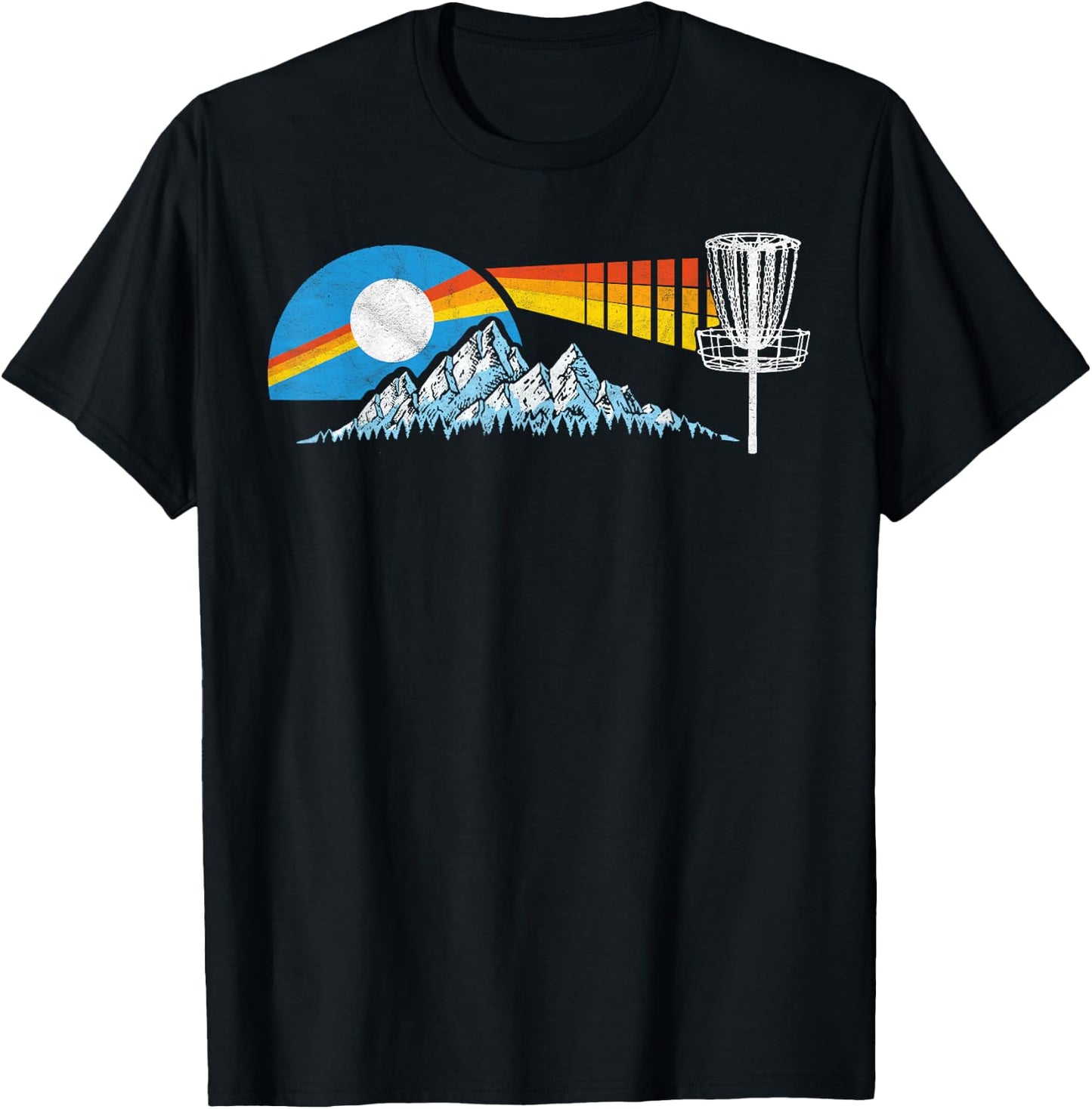 Disc Golf Distressed Mountains & Sun 80s Vintage T-Shirt - T-Shirt | Black