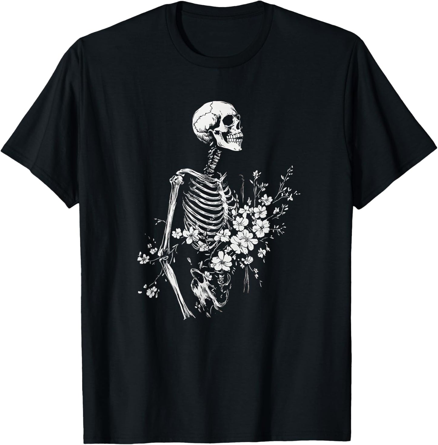 Floral Skeleton Gothic Occult Witchy Dark Creepy Design T-Shirt - T-Shirt | Black