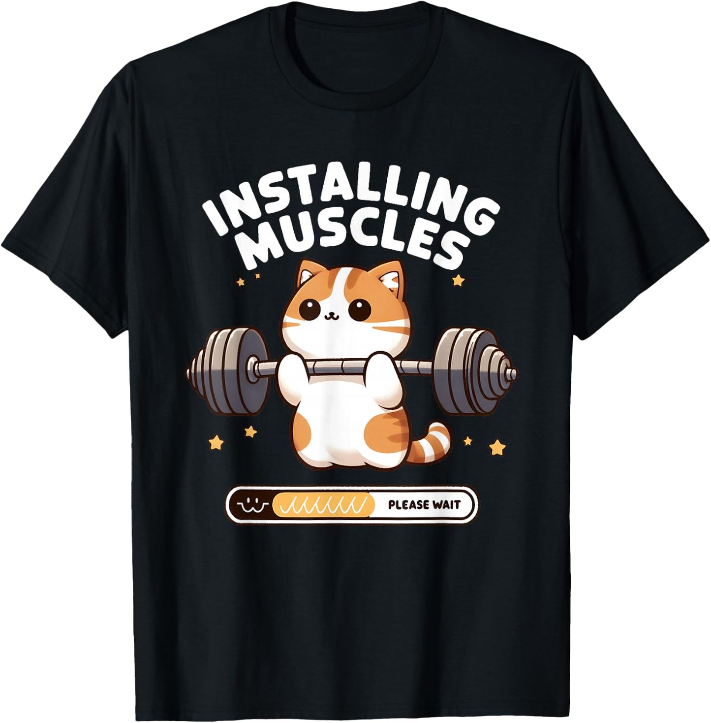 Installing Muscles Please Wait Funny Cat Weightlifting T-Shirt - T-Shirt | Black