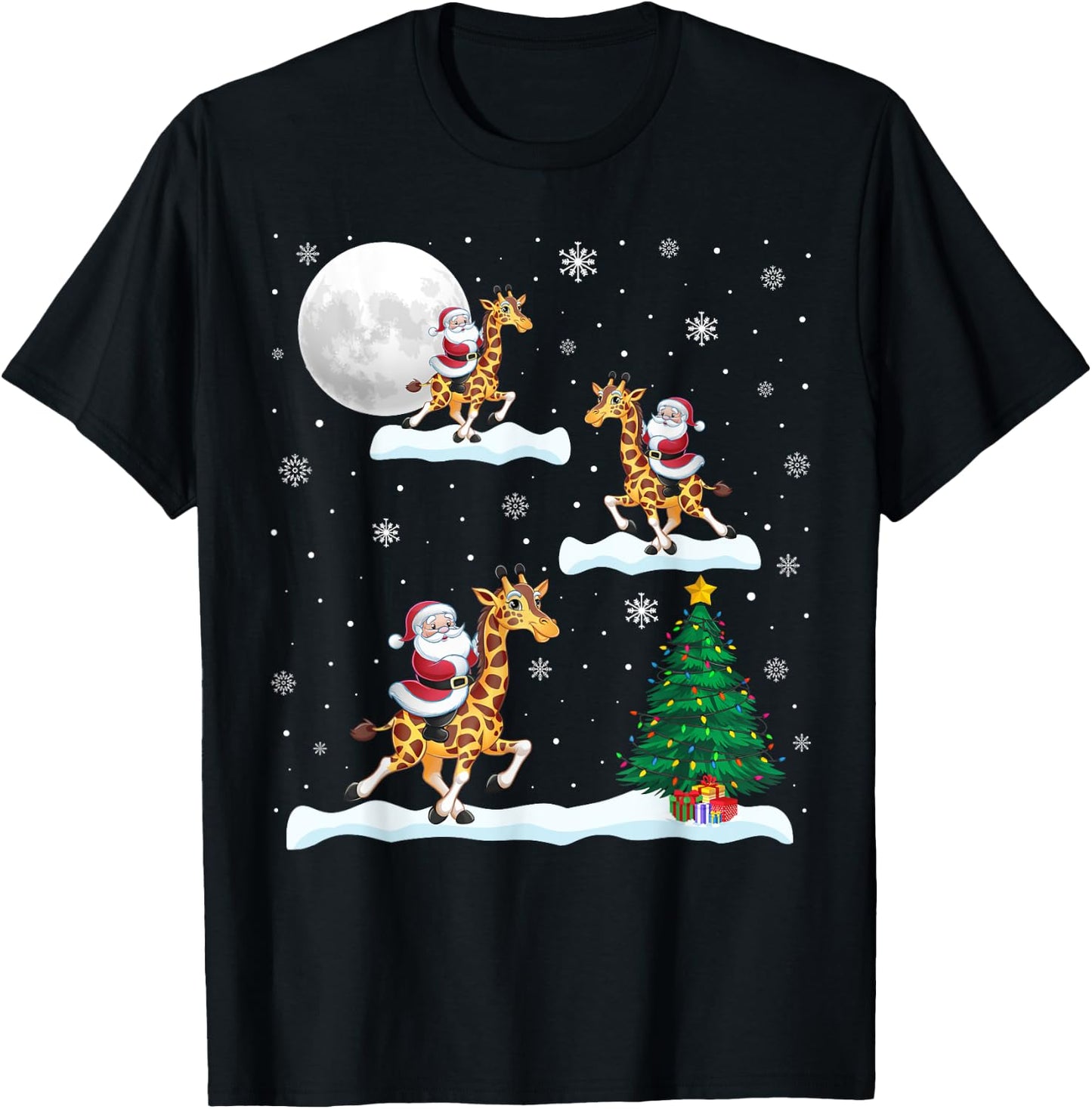 Funny Xmas Lighting Tree Santa Riding Giraffe Christmas T-Shirt - T-Shirt | Black