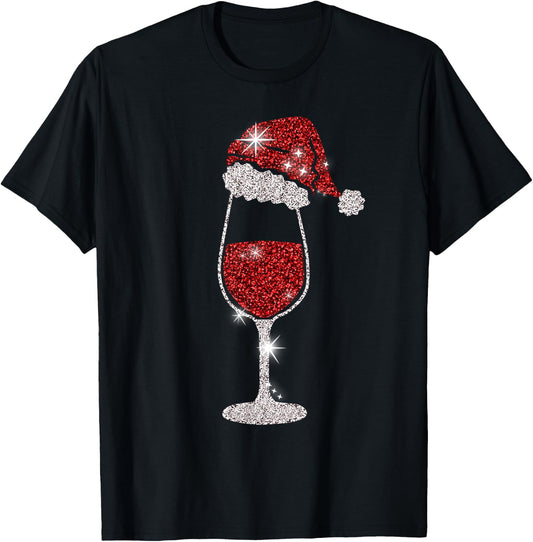 Glass Red Wine Santas Hat Xmas Clothes PJs Outfit Christmas T-Shirt - T-Shirt | Black