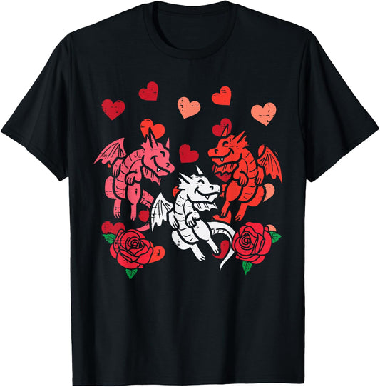 Valentines Day Dragons Hearts Funny Women Girls Kids Toddler T-Shirt - T-Shirt | Black