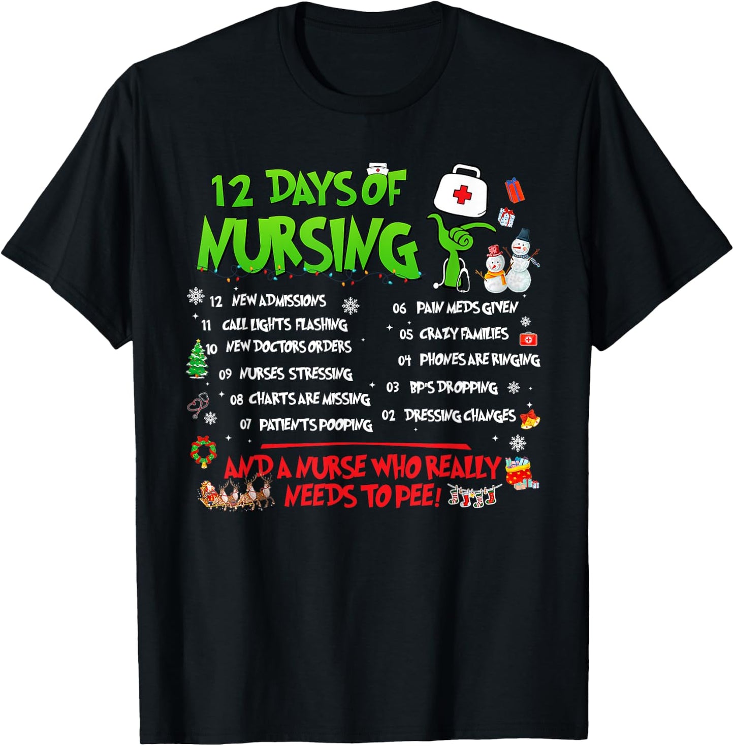Nurses Merry Christmas Funny 12 Days of Nursing Xmas Pajamas T-Shirt - T-Shirt | Black