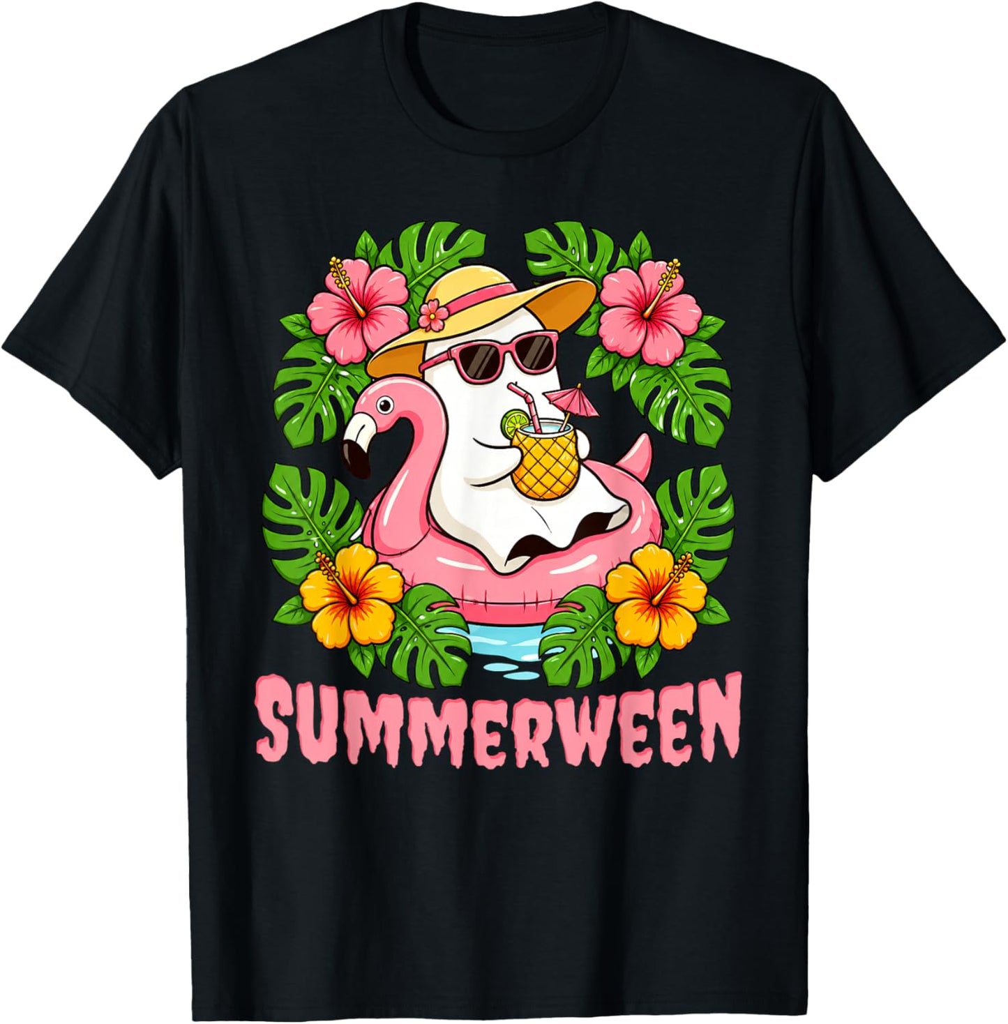 Summerween Funny Ghost Halloween Summer Floral Women Kids T-Shirt - T-Shirt | Black