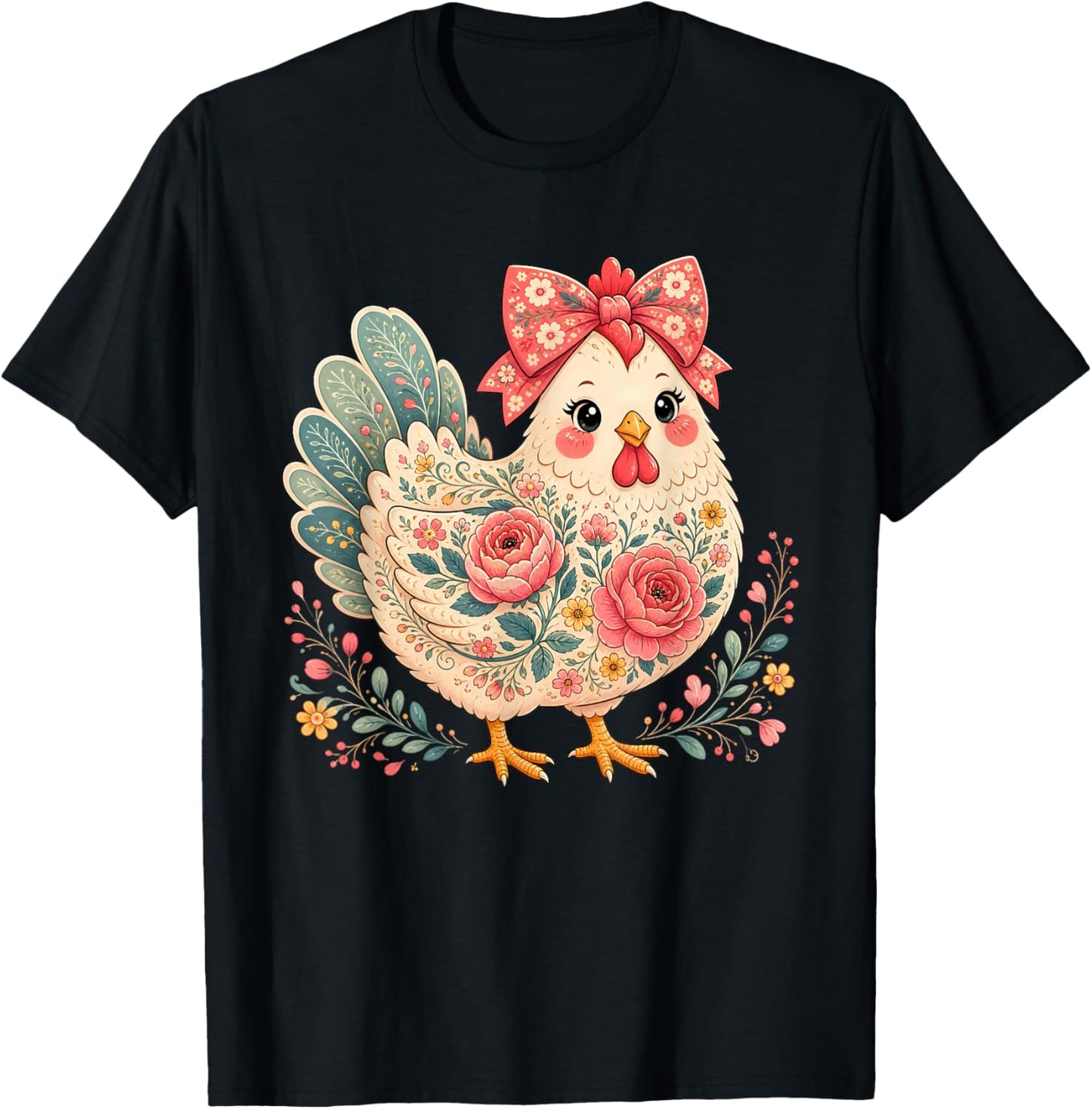 Chicken Lover Girls Women Floral Flower Bow Cute T-Shirt - T-Shirt | Black