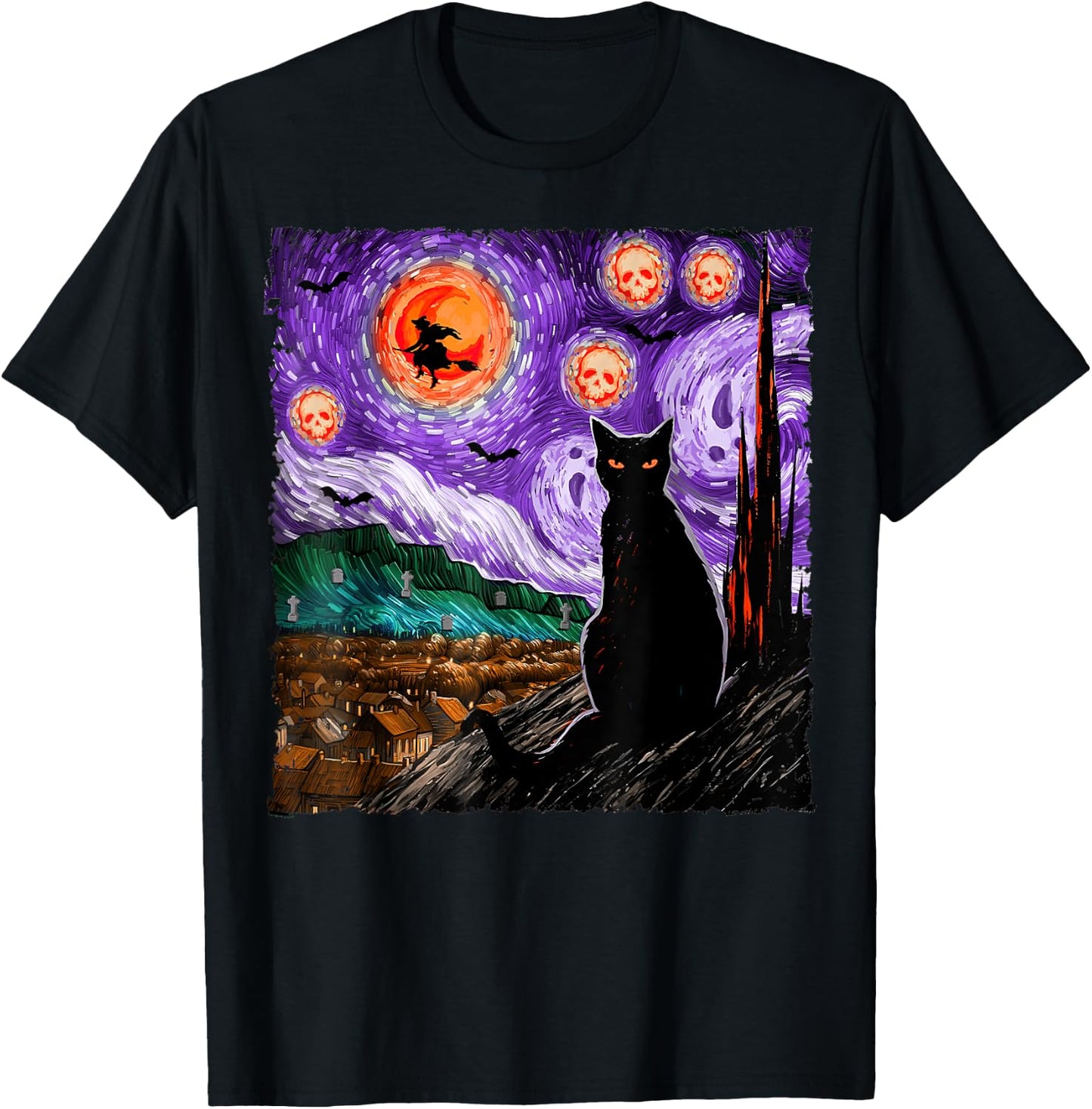 Halloween Starry Night Black Cat Kitten Spooky Ghost Witch T-Shirt - T-Shirt | Black