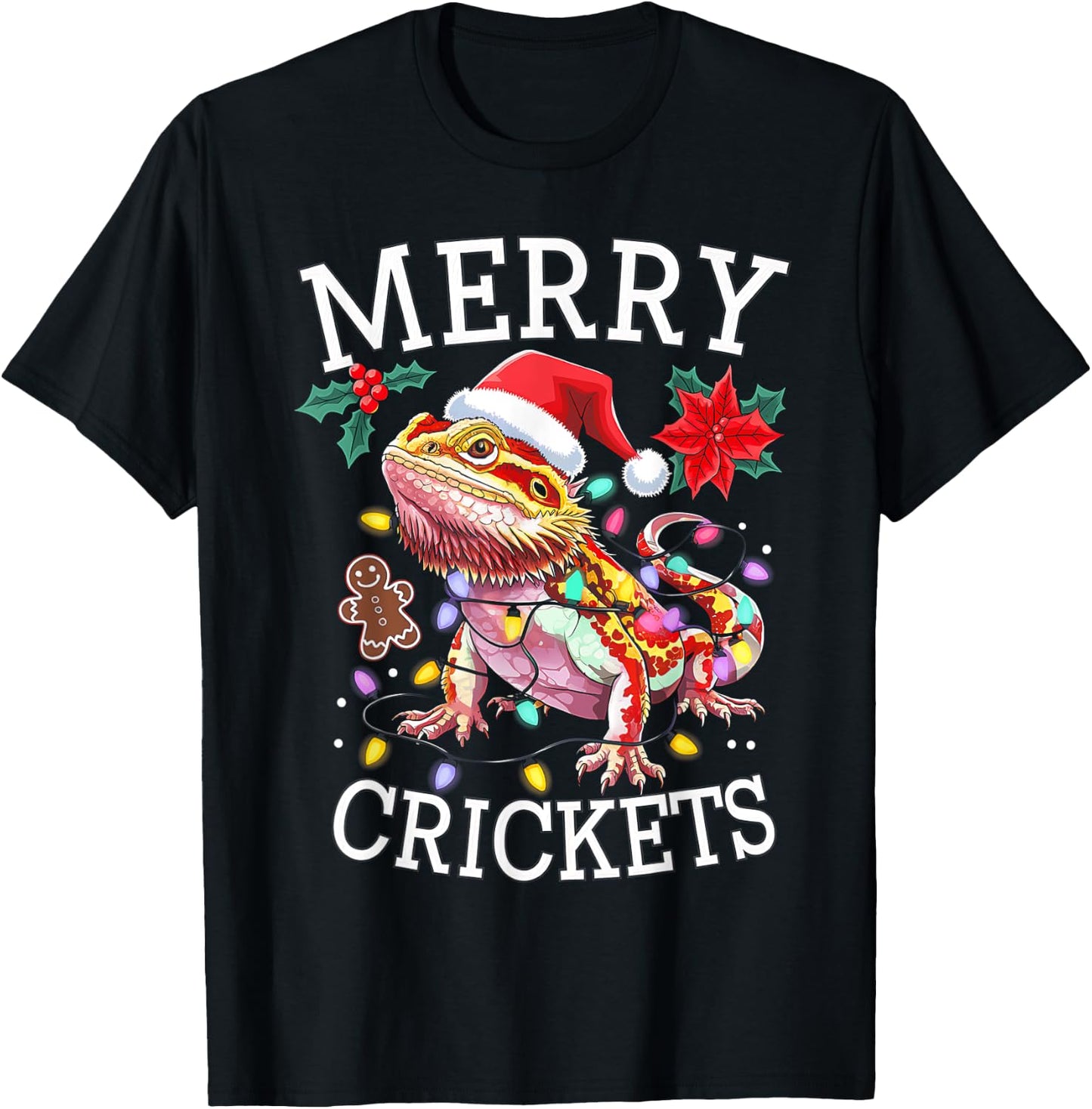 Bearded Dragon Christmas Lights Merry Crickets T-Shirt - T-Shirt | Black