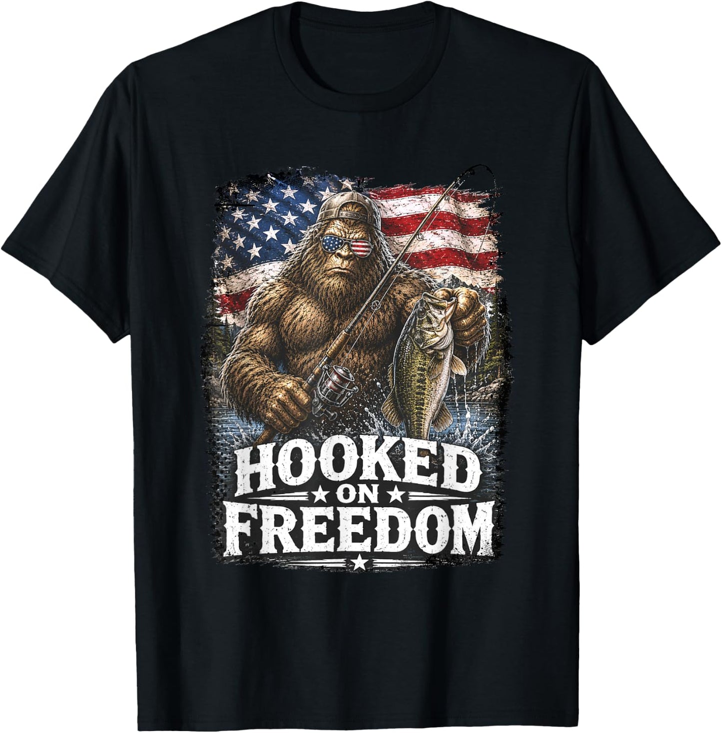 Hooked On Freedom Bigfoot Fishing Patriotic USA T-Shirt - T-Shirt | Black