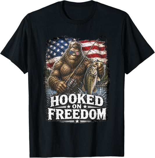 Hooked On Freedom Bigfoot Fishing Patriotic USA T-Shirt - T-Shirt | Black