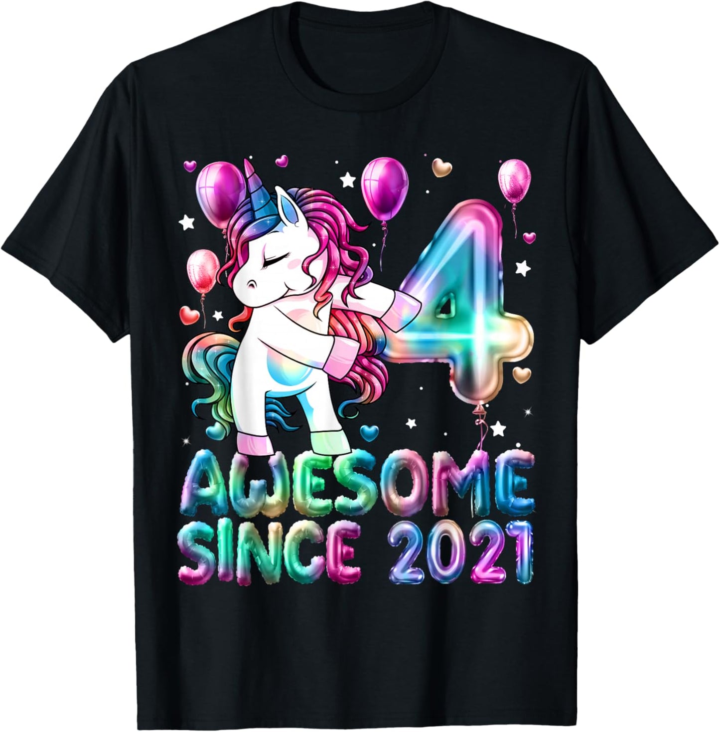 Flossing Unicorn 4 Year Old 4th Birthday Girl Unicorn Party T-Shirt - T-Shirt | Black
