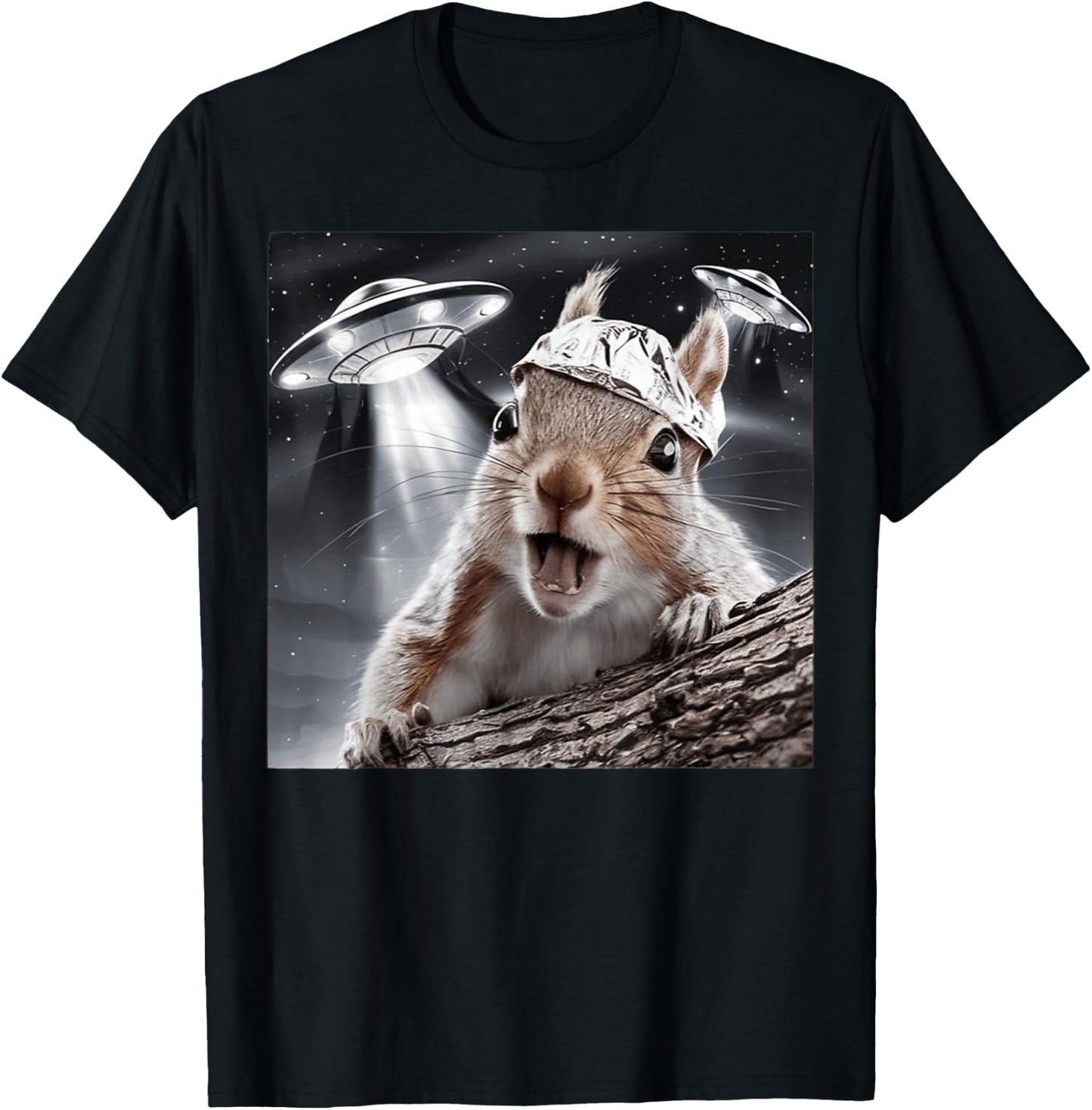 Funny Alien Squirrel Selfie Tin Foil Hat UFO Encounter Joke T-Shirt - T-Shirt | Black
