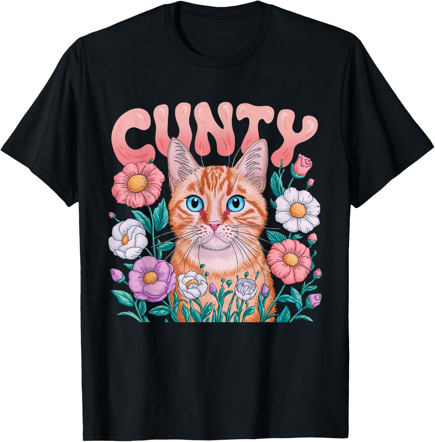 Cunty Floral Cat Design For Sassy Cat Lovers Apparel T-Shirt - T-Shirt | Black