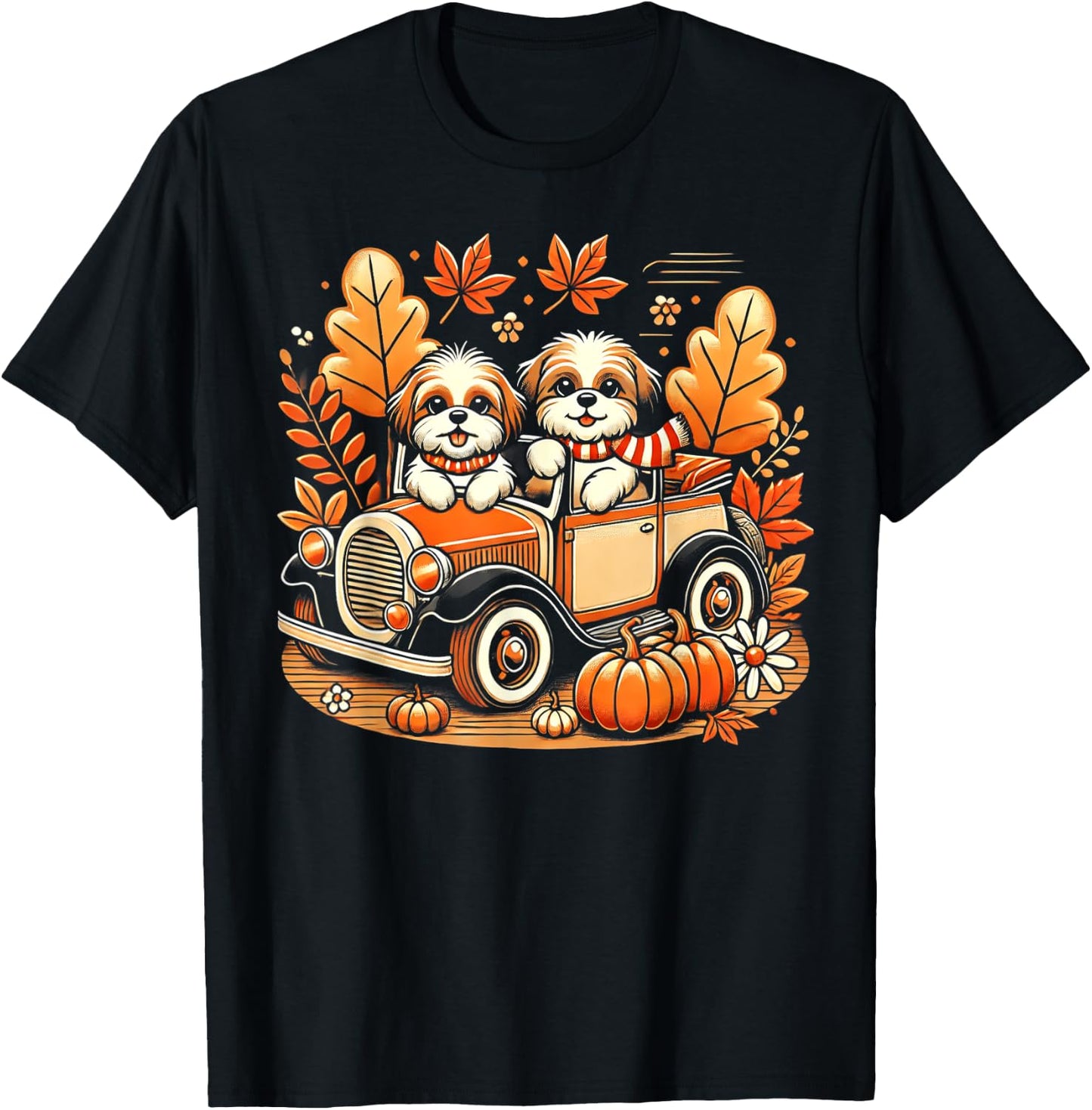 Vintage Fall Ride Shih Tzu Dogs T-Shirt - T-Shirt | Black